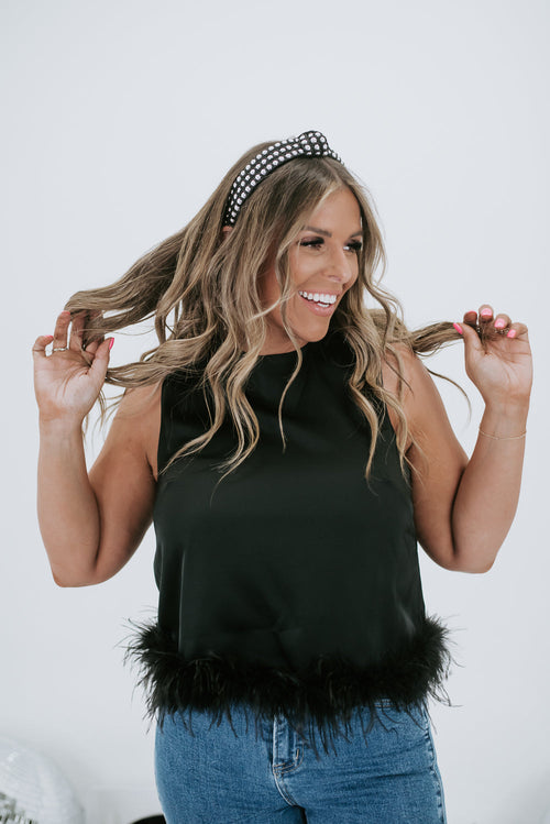 Double Take Feather Trim Top, Black