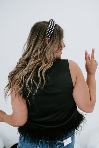 Double Take Feather Trim Top, Black