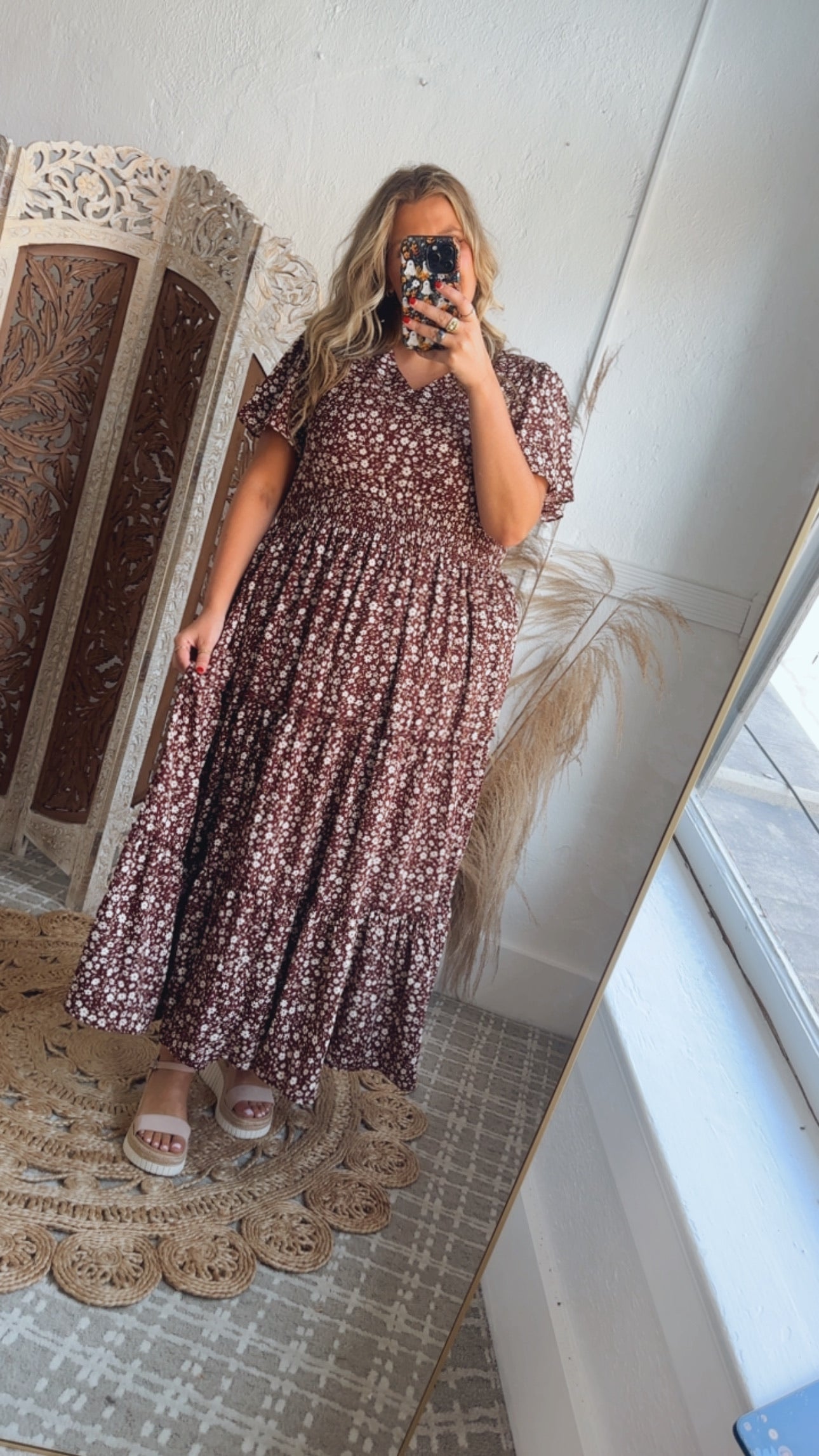 ECB Exclusive: Many Moments Floral Maxi Dress, Wine