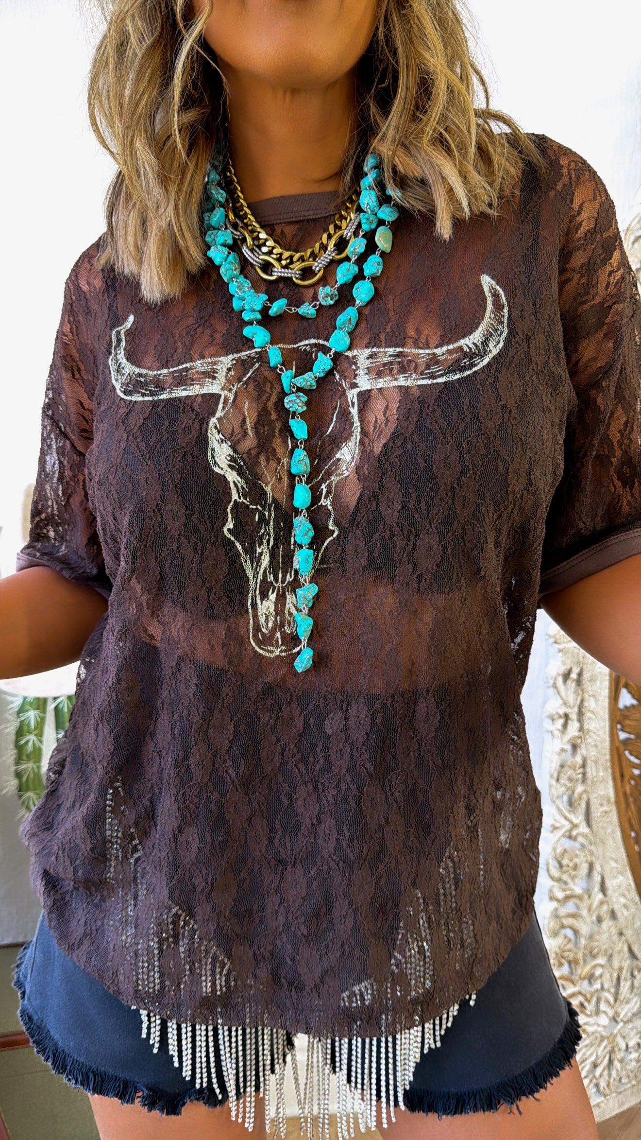Lace Long Horn Graphic Top, Brown