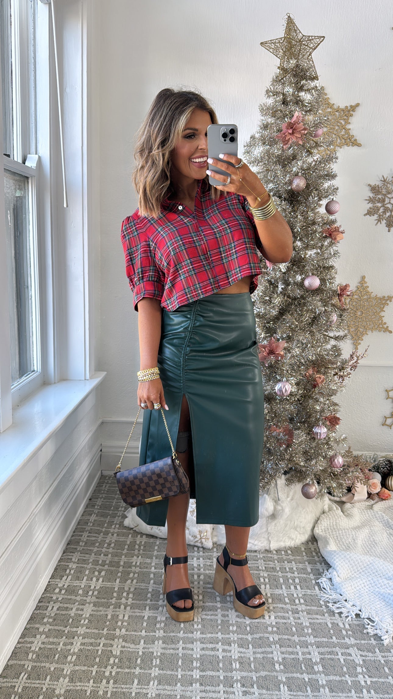 Fancy That Faux Leather Ruched Midi Skirt, Green