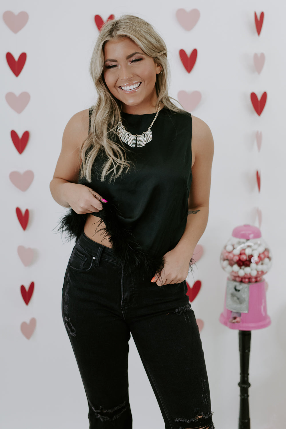 Double Take Feather Trim Top, Black