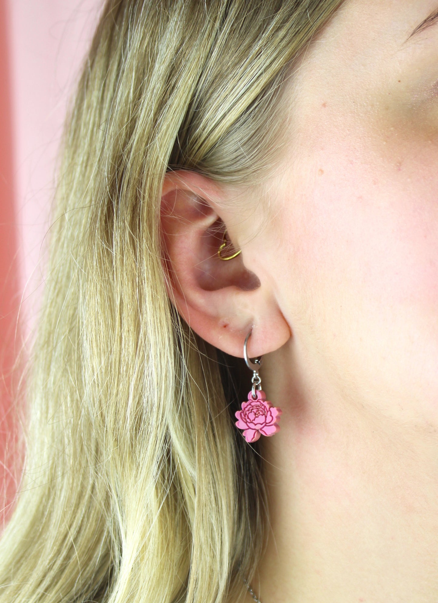 Dark Pink Peony Club Huggie Hoop Earrings