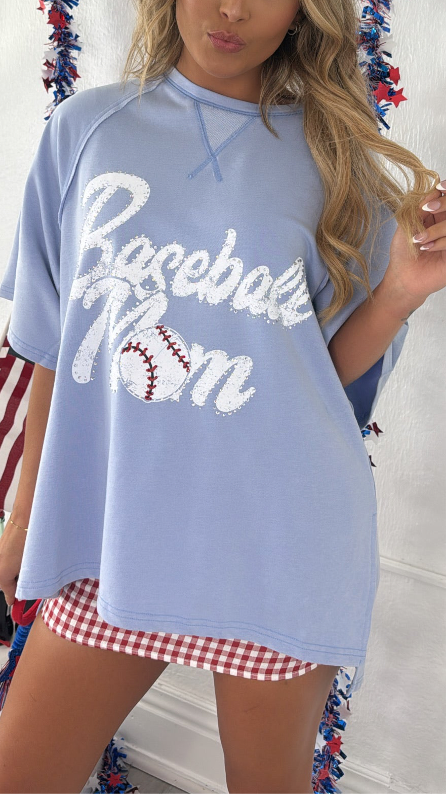 Baseball Mom Oversized Rhinestone Tee, Blue