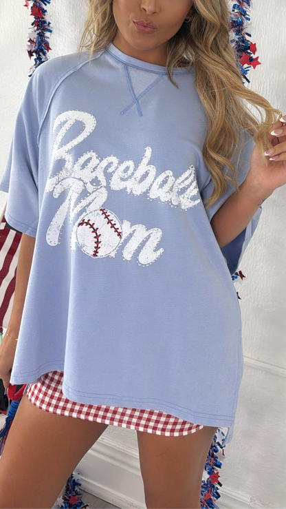 Baseball Mom Oversized Rhinestone Tee, Blue