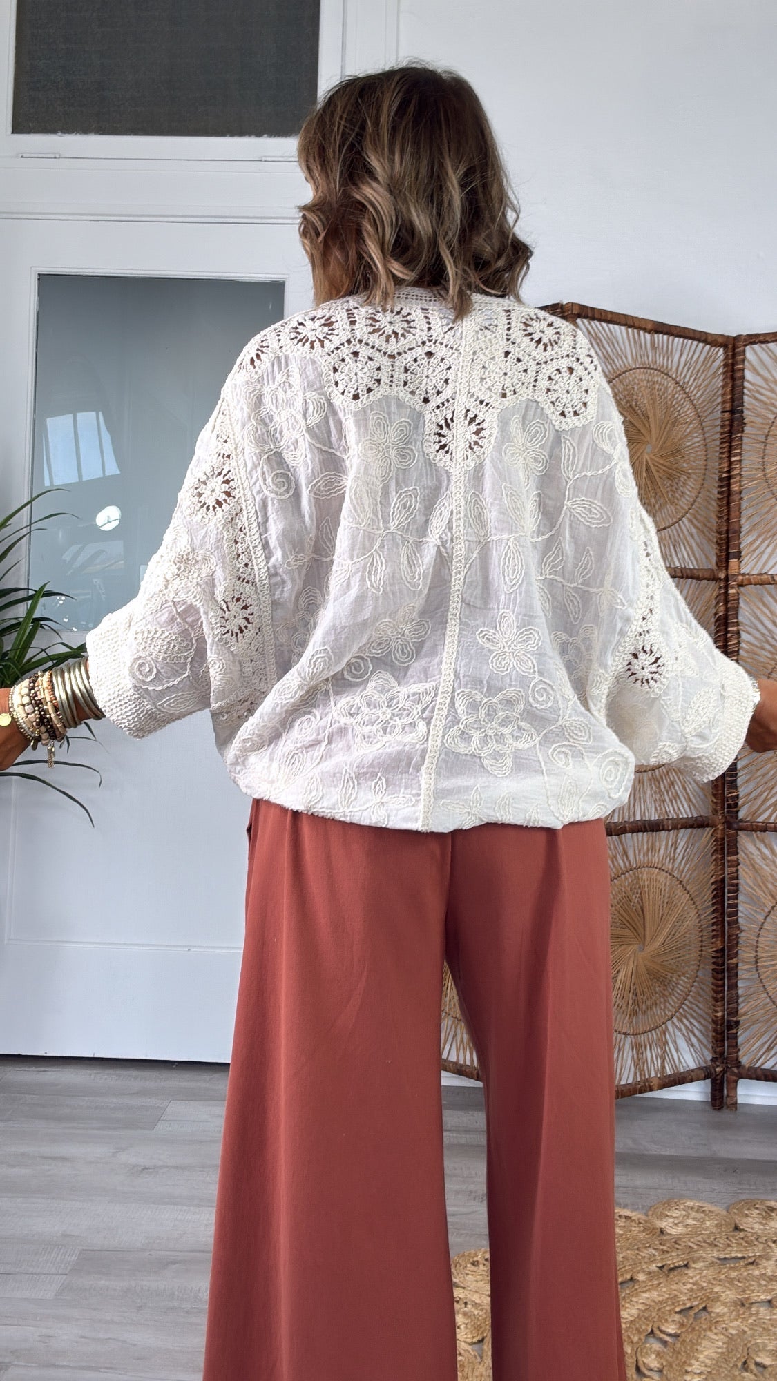 Chloe Woven Embroidered Top, Natural