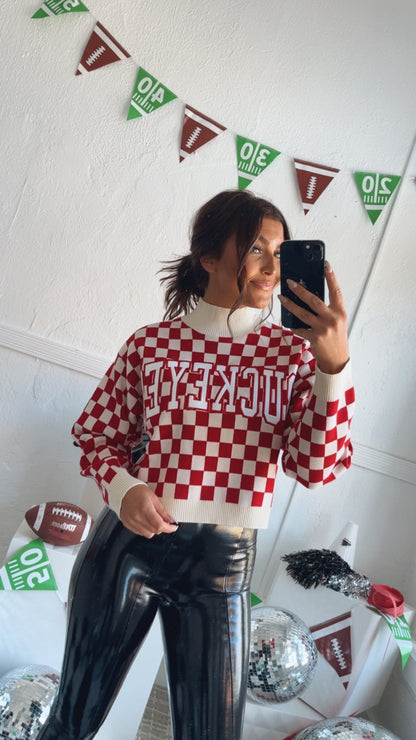 Ohio Checkered Mock Neck Sweater, Red
