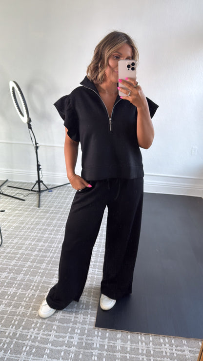 Jet Set Half Zip Ruffle Sleeve Top and Pant Set, Black