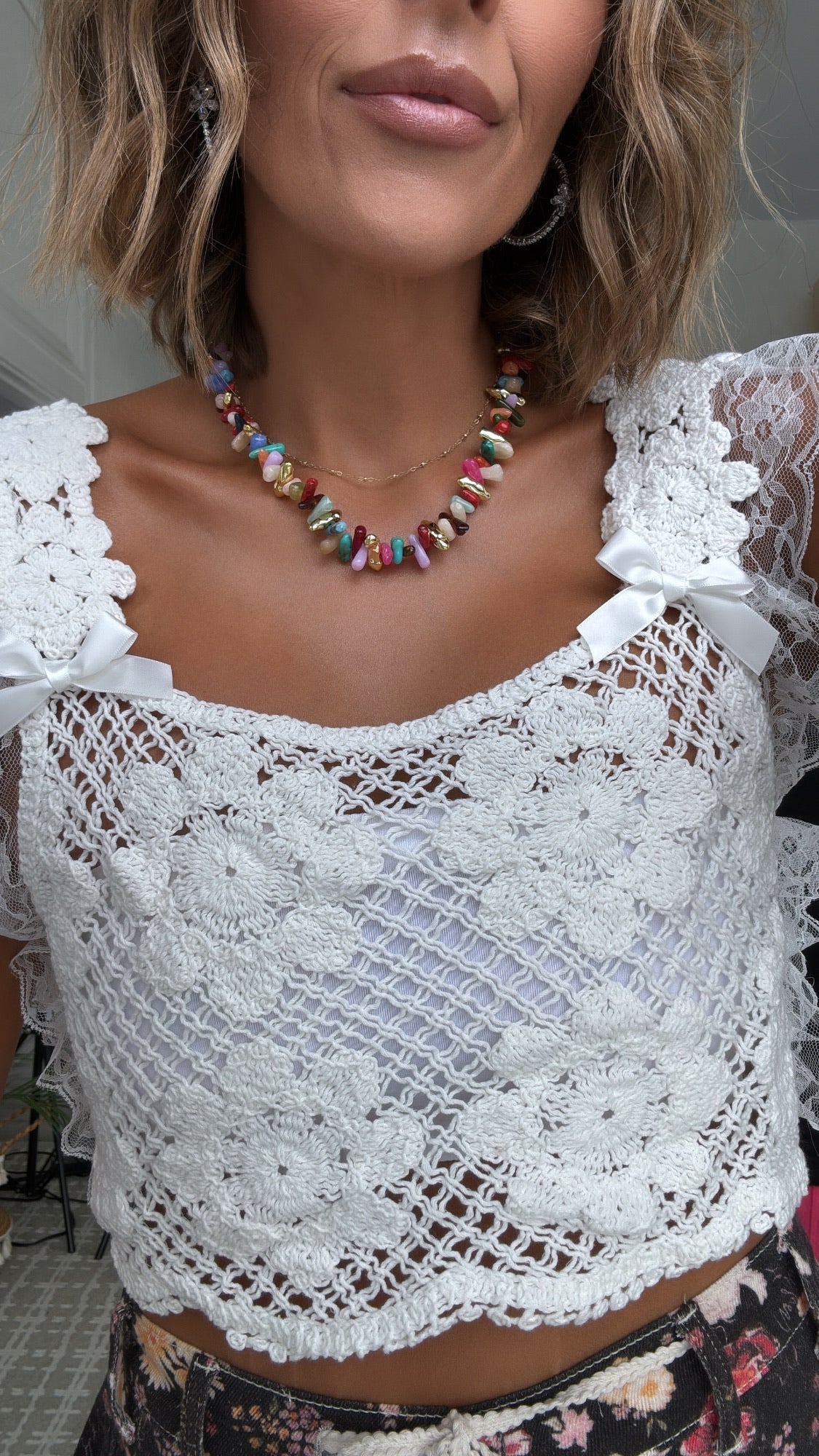 Falling For You Crochet Lace Bow Detail Top, Off White
