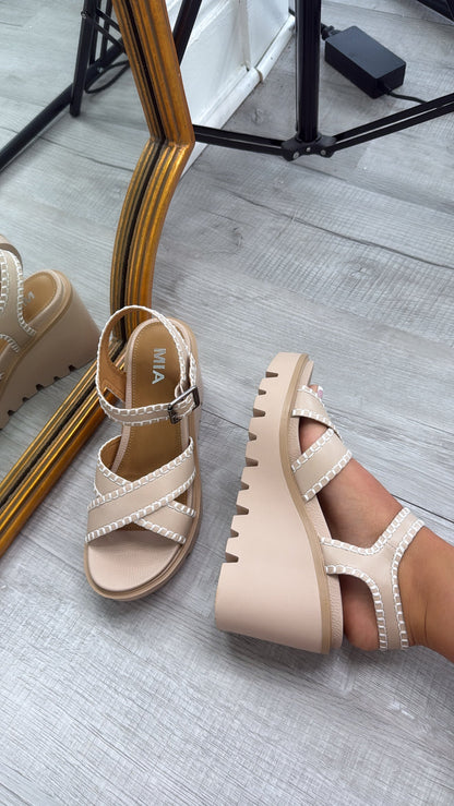 Embroidered Ankle Strap Wedge Sandal, Nude
