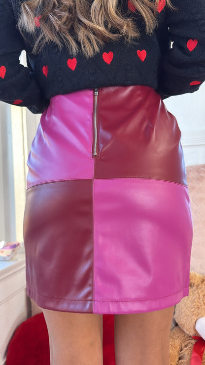 Colorblock Squared Leather Skirt, Pink/Red