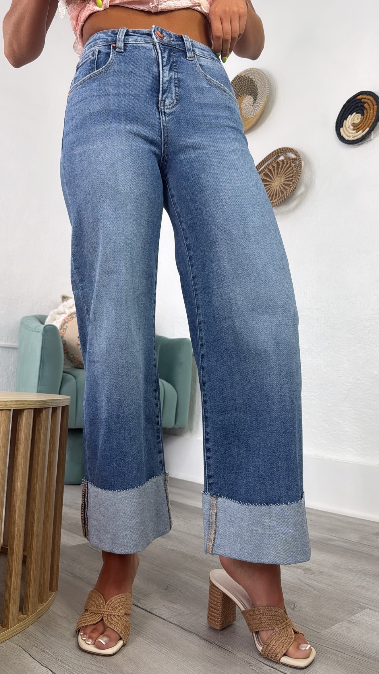 Kendal Distressed Cuff High Rise Denim , RISEN