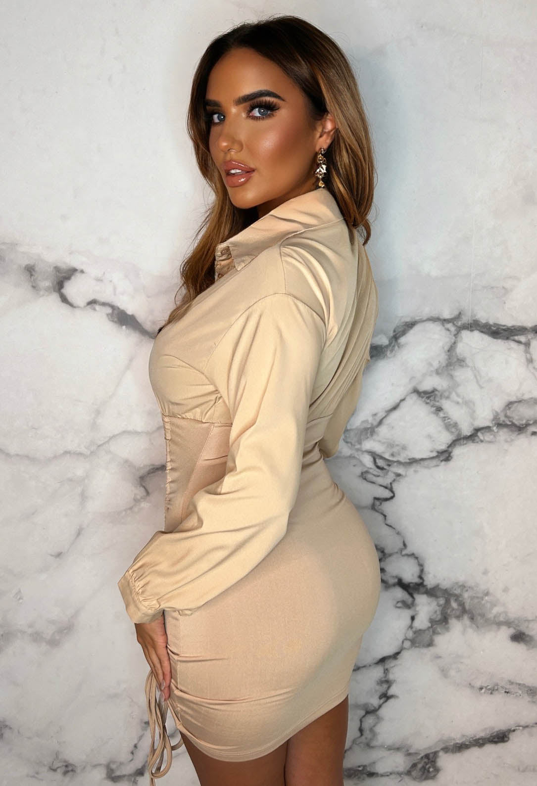 Be Your Baby Nude Ruched Skirt Shirt Dress