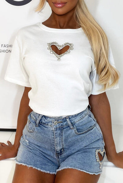 Break Your Heart White Diamante Heart Stretch T-Shirt