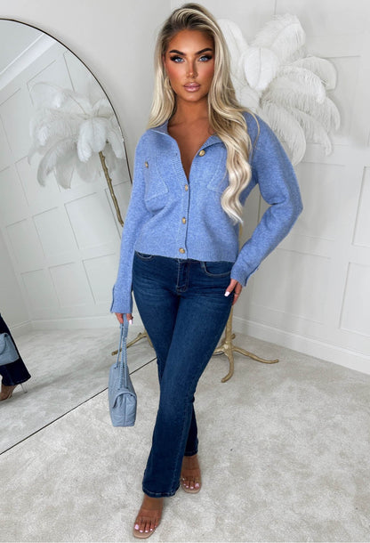Cool Girl Mood Blue Luxury Soft Knit Button Cardigan