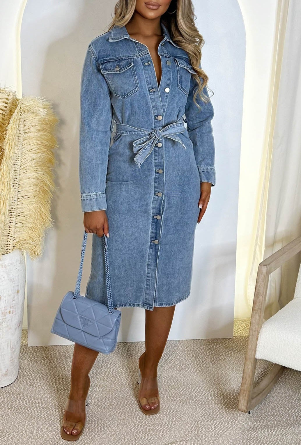 Denim Envy Blue Belted Button Up Long Sleeve Denim Midi Dress
