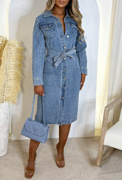 Denim Envy Blue Belted Button Up Long Sleeve Denim Midi Dress