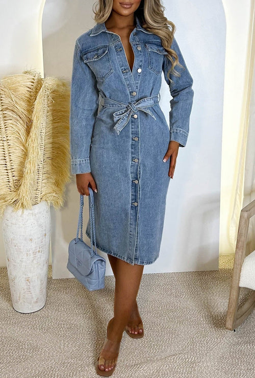 Denim Envy Blue Belted Button Up Long Sleeve Denim Midi Dress