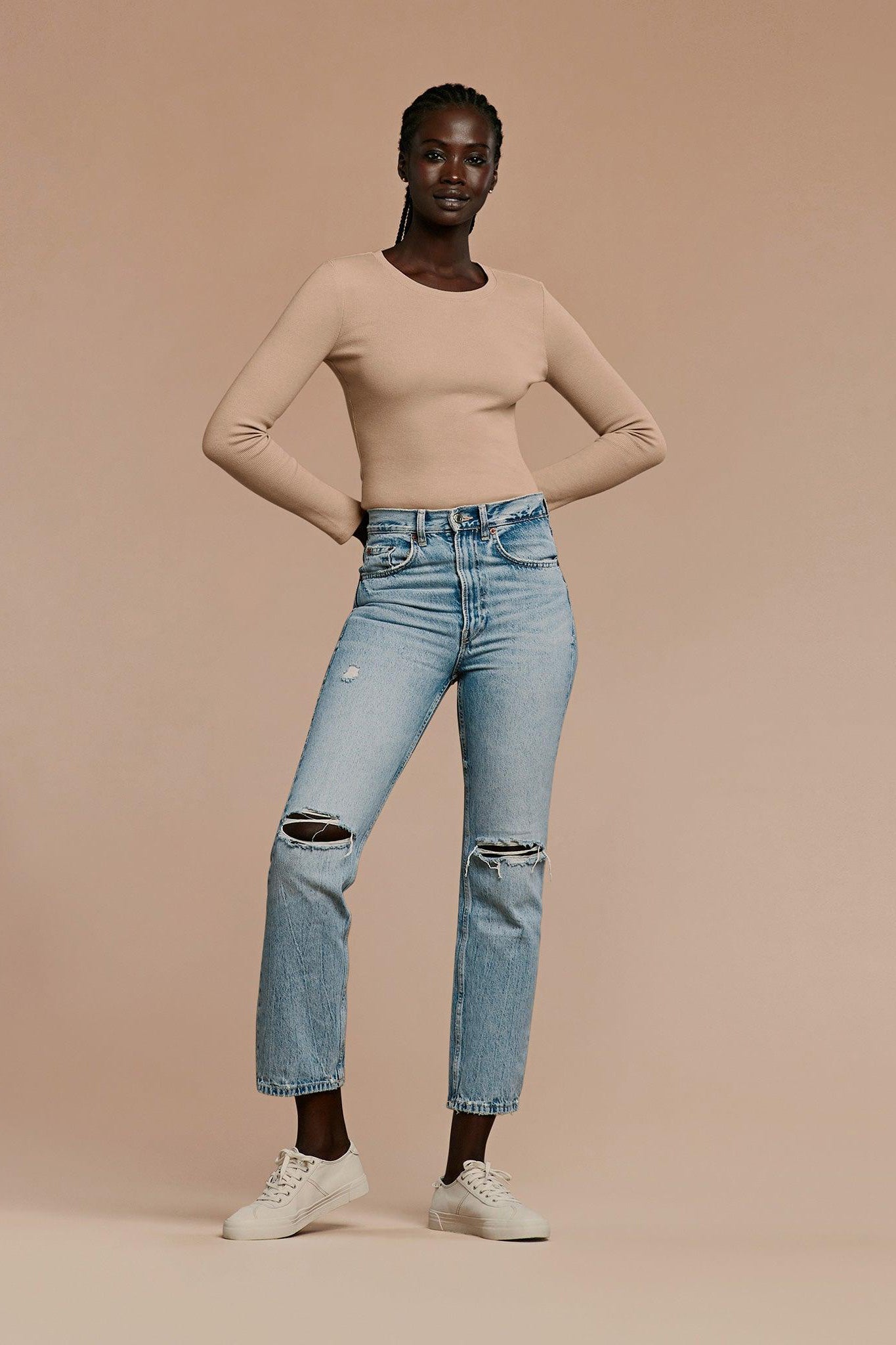 Long Sleeve Ribbed Crewneck Bodysuit | Sand