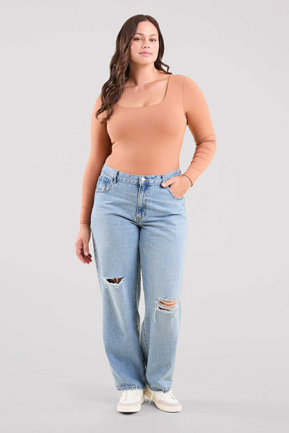 Long Sleeve Square Neck Bodysuit | Clay