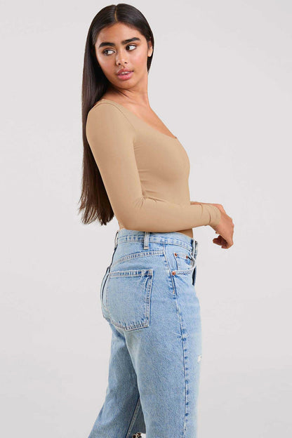 Long Sleeve Square Neck Bodysuit | Oat