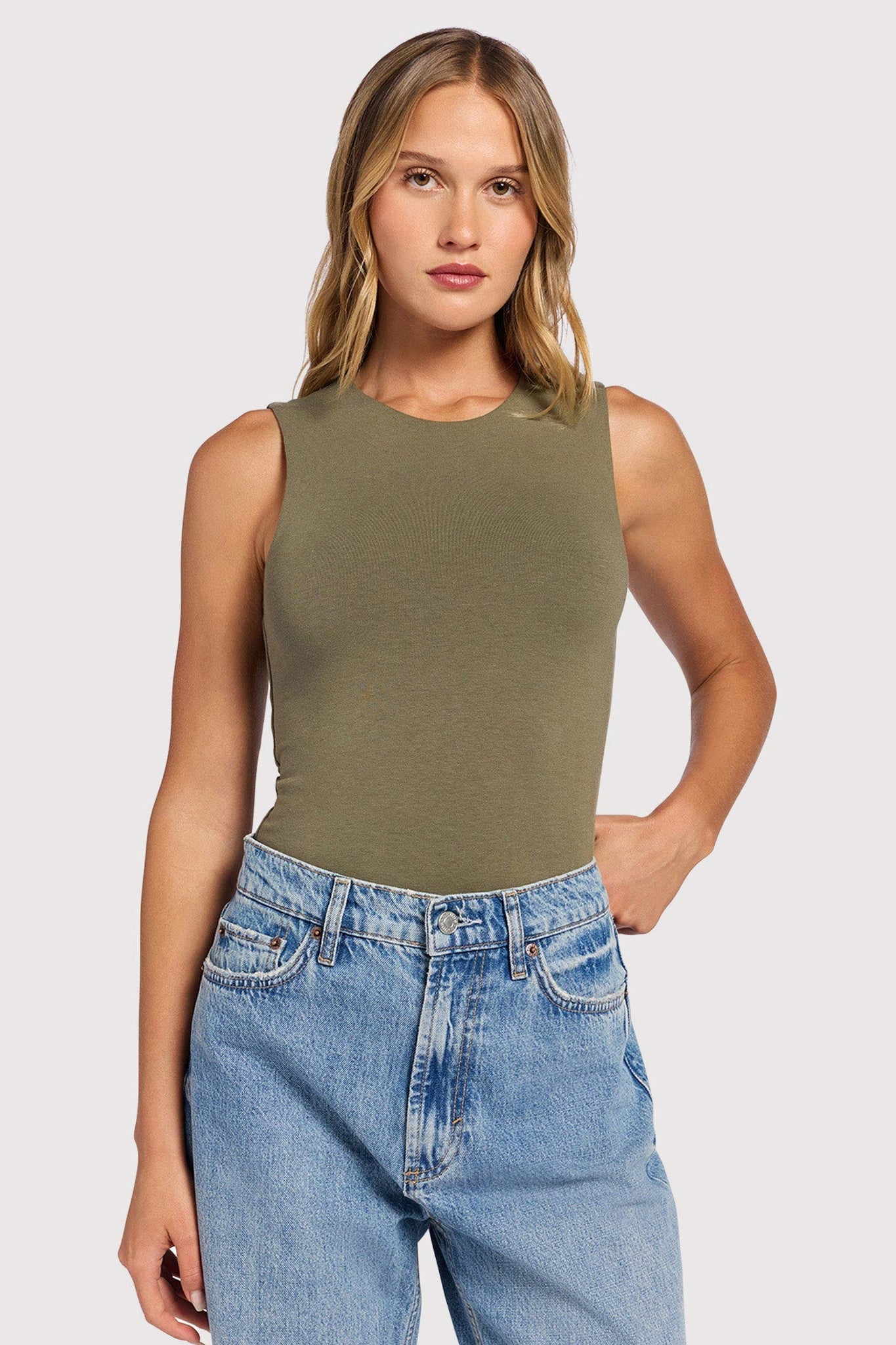 Cotton Stretch Classic Crewneck Tank Bodysuit | Olive