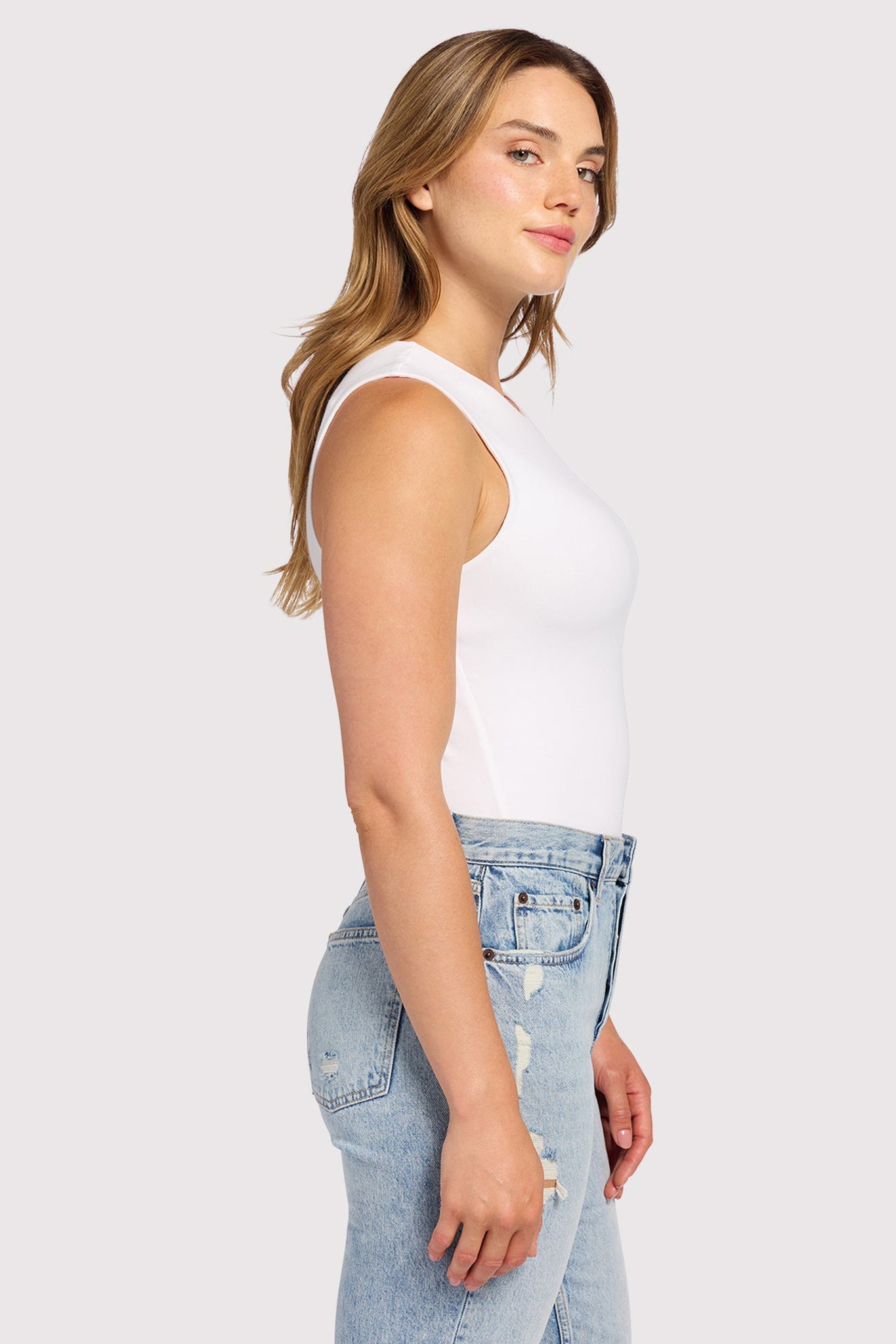 Cotton Stretch Classic Crewneck Tank Bodysuit | White