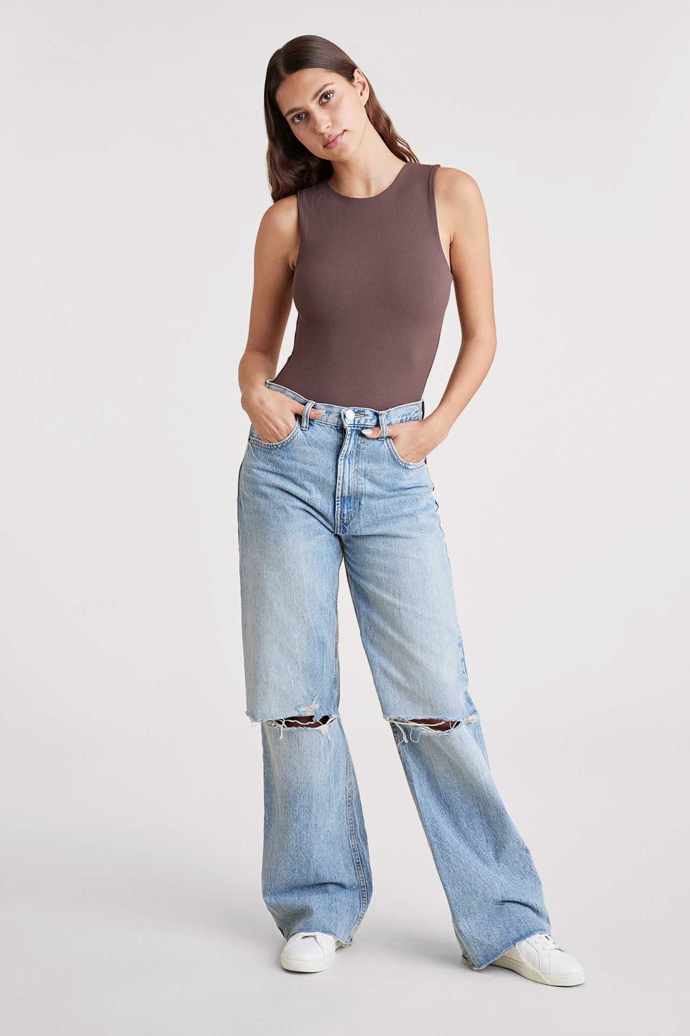 Ribbed Crewneck Tank Bodysuit | Coffee