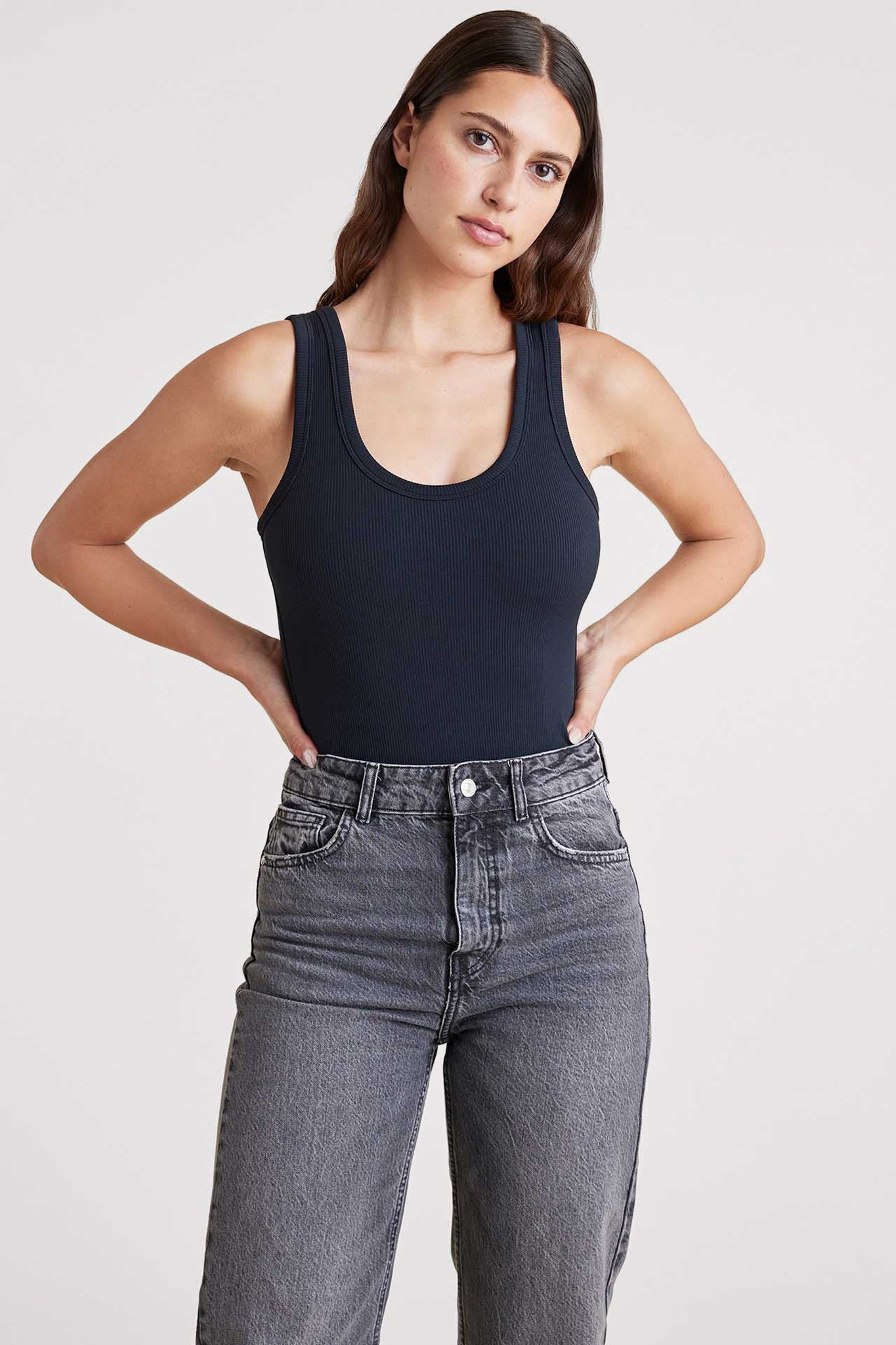 Ribbed Scoop Tank Bodysuit | Black