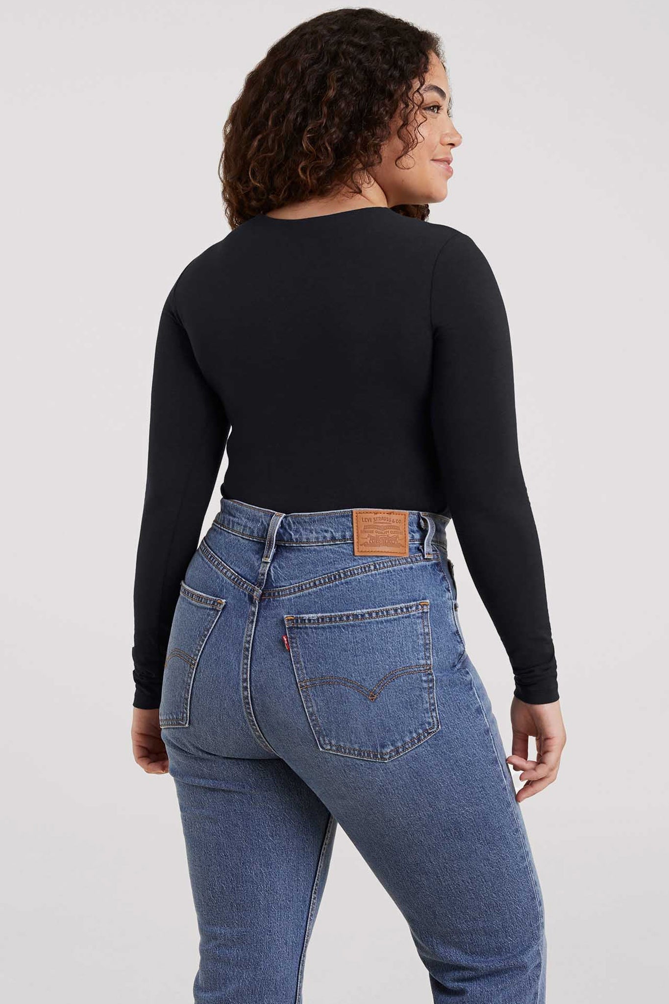 Cotton Stretch Long Sleeve Crewneck Bodysuit | Black