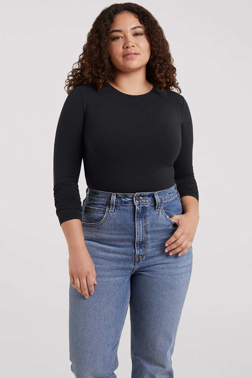 Cotton Stretch Long Sleeve Crewneck Bodysuit | Black