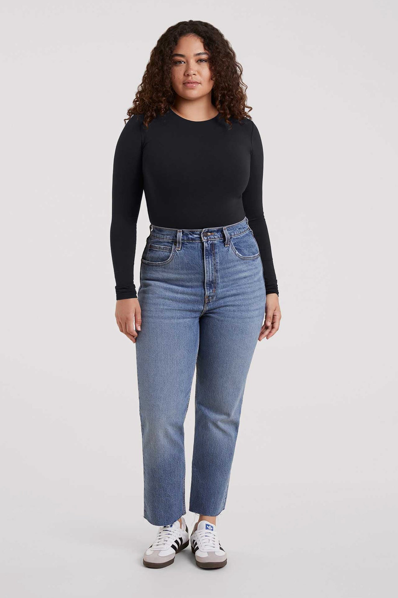 Cotton Stretch Long Sleeve Crewneck Bodysuit | Black