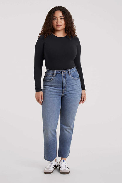 Cotton Stretch Long Sleeve Crewneck Bodysuit | Black