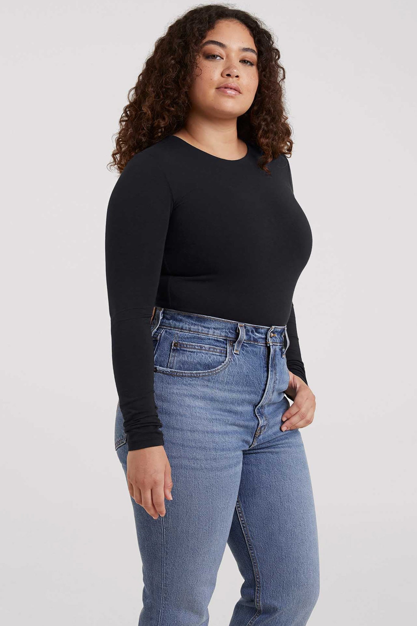 Cotton Stretch Long Sleeve Crewneck Bodysuit | Black