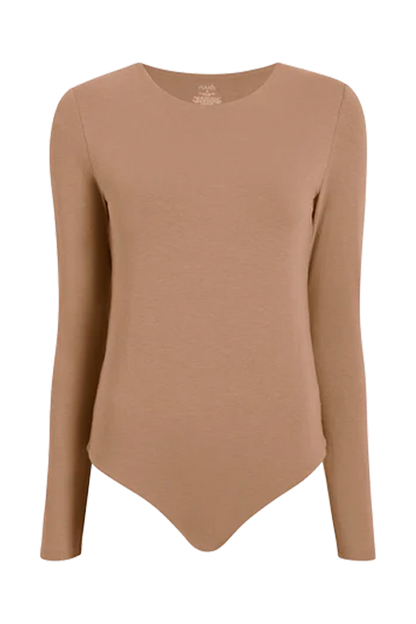 Cotton Stretch Long Sleeve Crewneck Bodysuit | Cinnamon