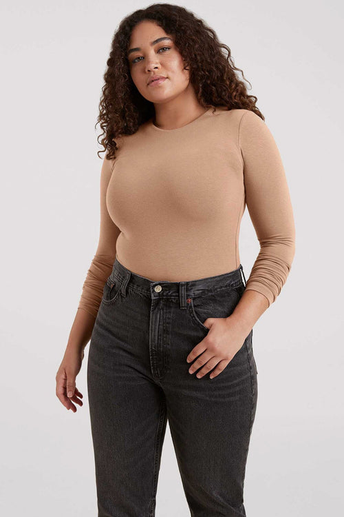 Cotton Stretch Long Sleeve Crewneck Bodysuit | Cinnamon