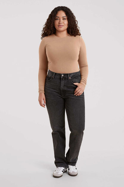 Cotton Stretch Long Sleeve Crewneck Bodysuit | Cinnamon