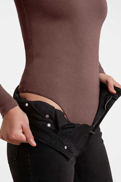 Cotton Stretch Long Sleeve Crewneck Bodysuit | Coffee