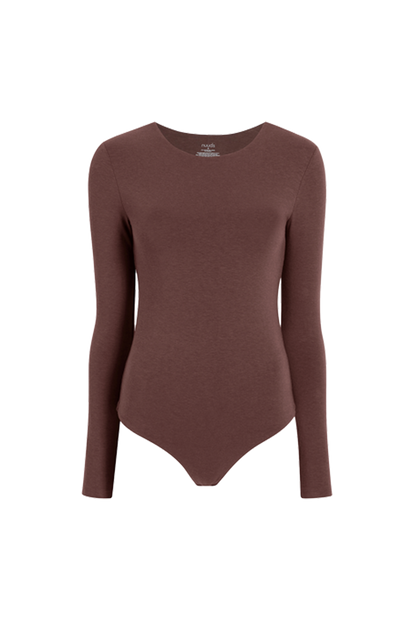 Cotton Stretch Long Sleeve Crewneck Bodysuit | Coffee