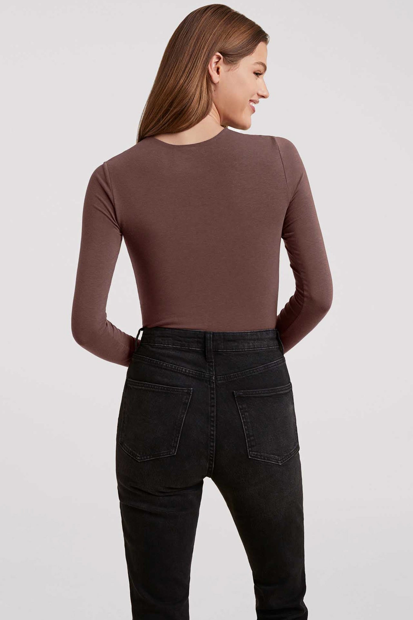 Cotton Stretch Long Sleeve Crewneck Bodysuit | Coffee
