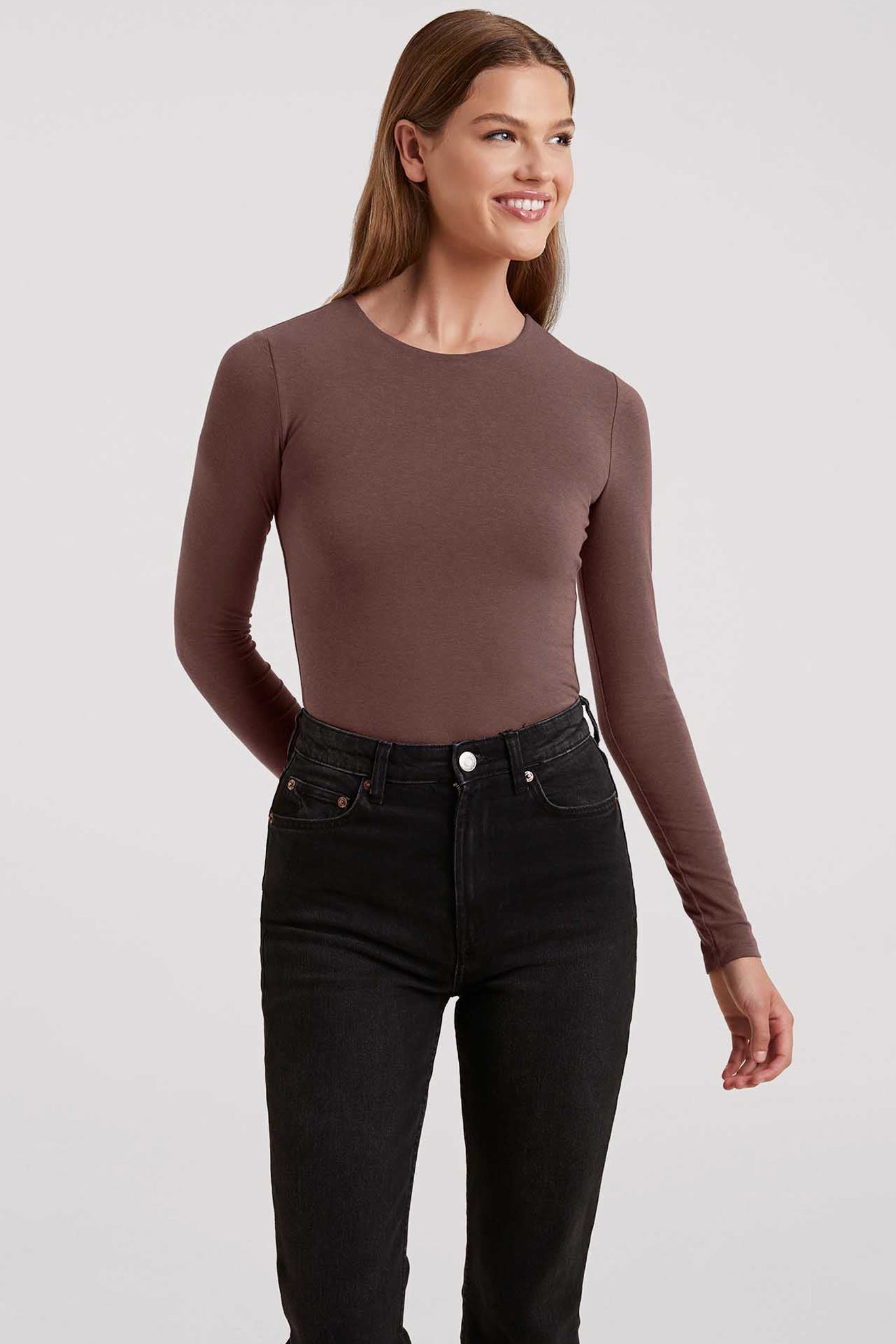 Cotton Stretch Long Sleeve Crewneck Bodysuit | Coffee