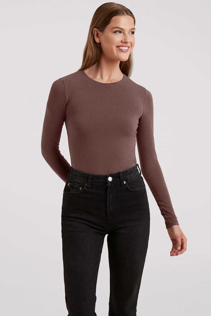 Cotton Stretch Long Sleeve Crewneck Bodysuit | Coffee
