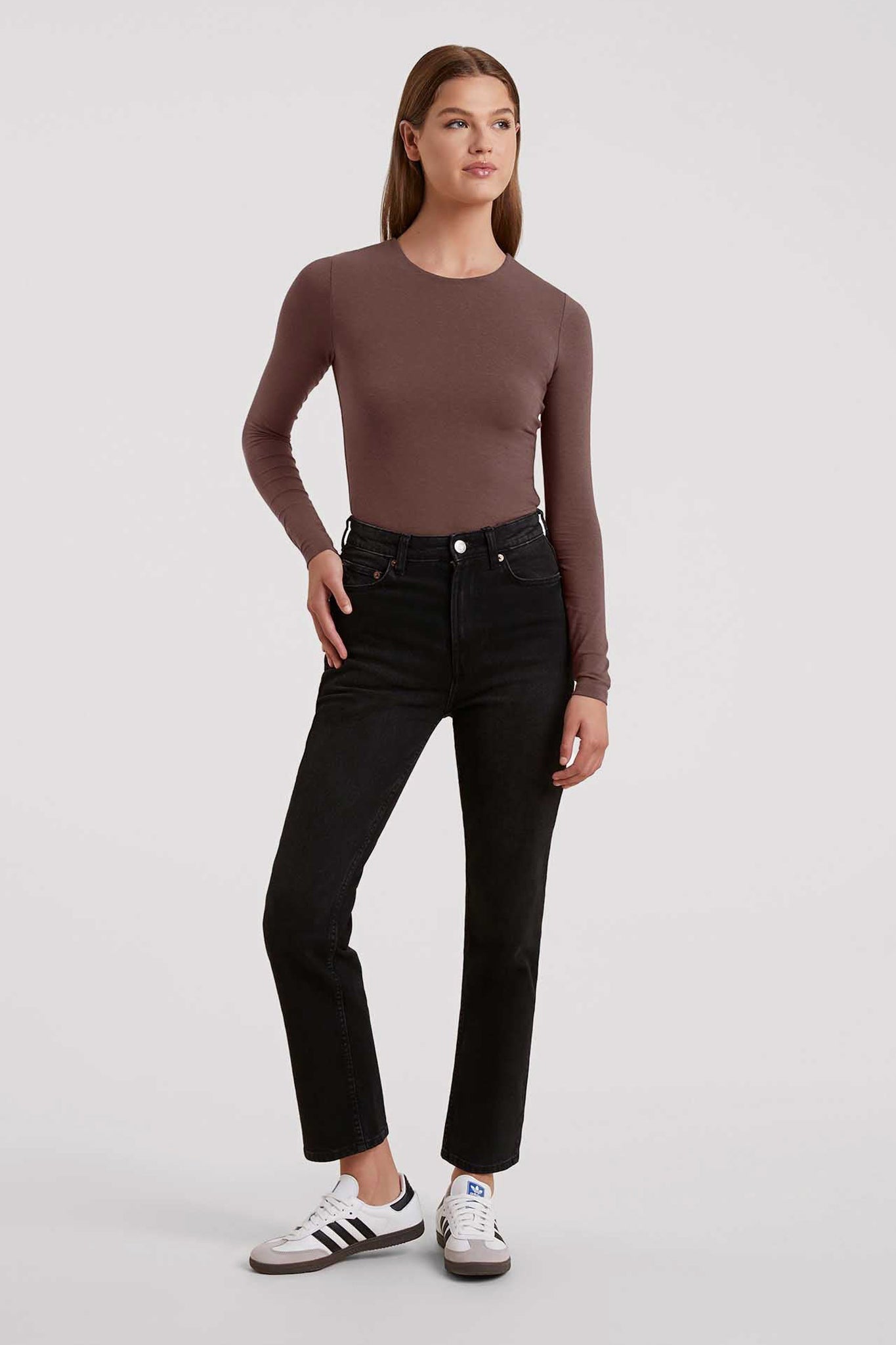 Cotton Stretch Long Sleeve Crewneck Bodysuit | Coffee