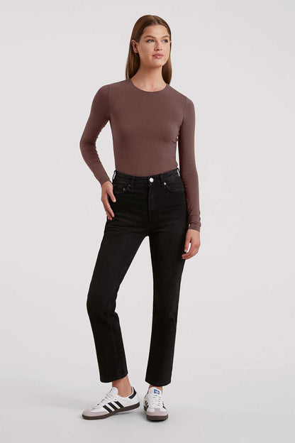 Cotton Stretch Long Sleeve Crewneck Bodysuit | Coffee