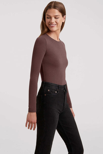 Cotton Stretch Long Sleeve Crewneck Bodysuit | Coffee