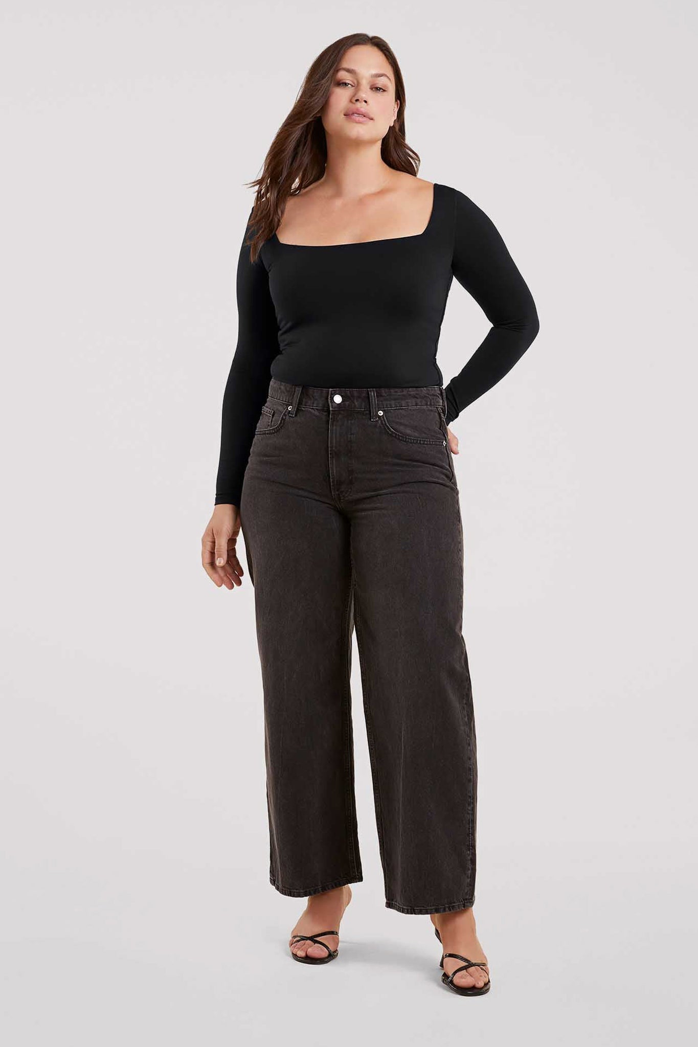Long Sleeve Wide Square Neck Bodysuit | Black