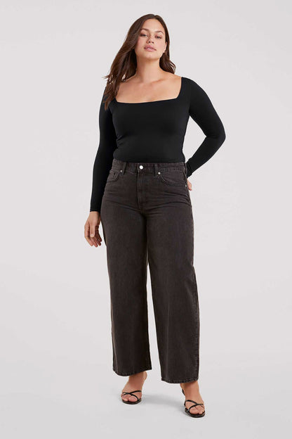 Long Sleeve Wide Square Neck Bodysuit | Black