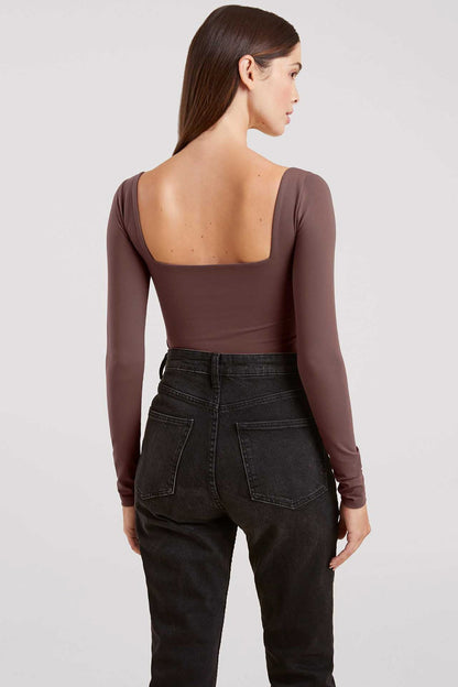 Long Sleeve Wide Square Neck Bodysuit | Coffee