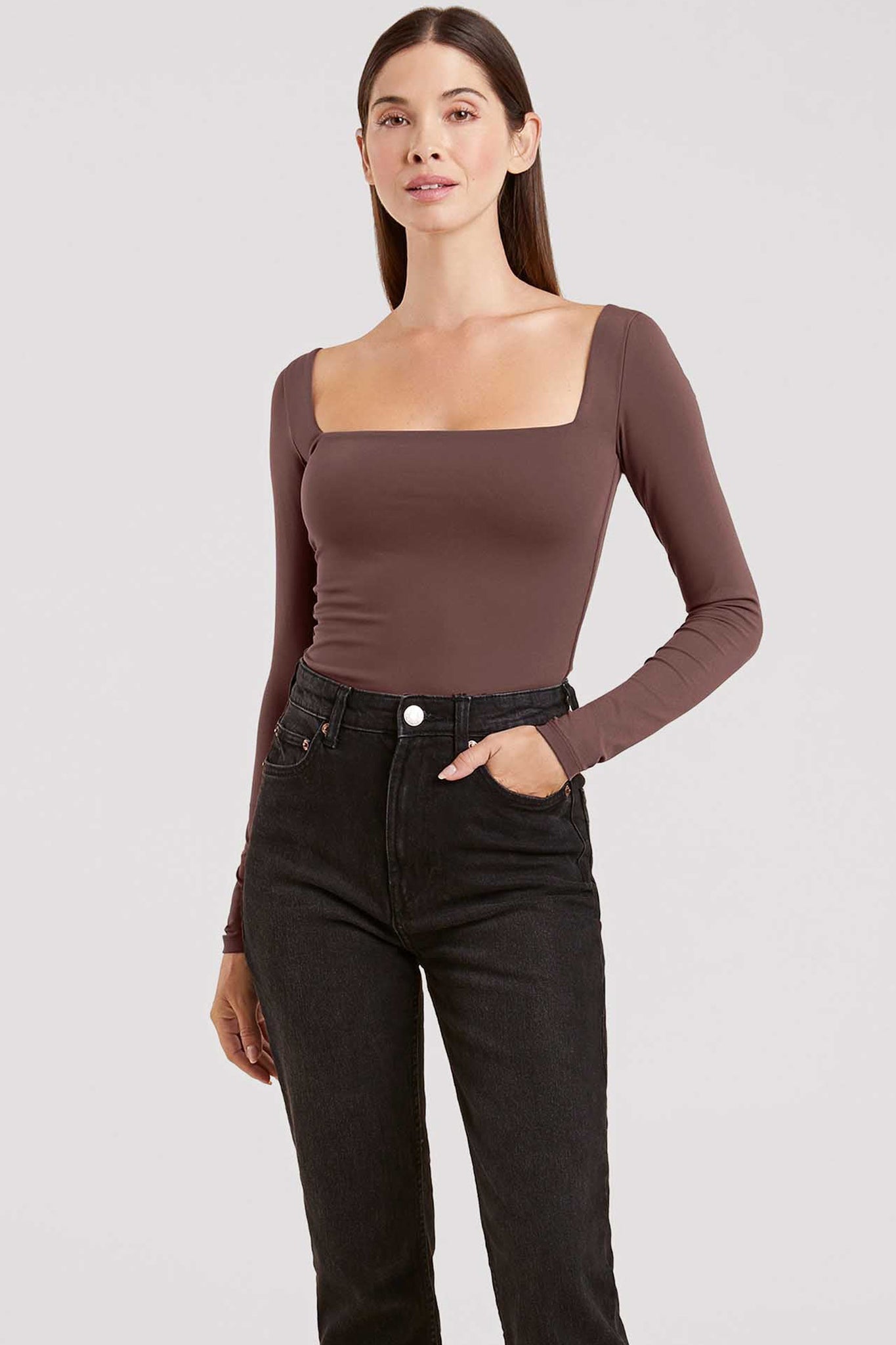 Long Sleeve Wide Square Neck Bodysuit | Coffee