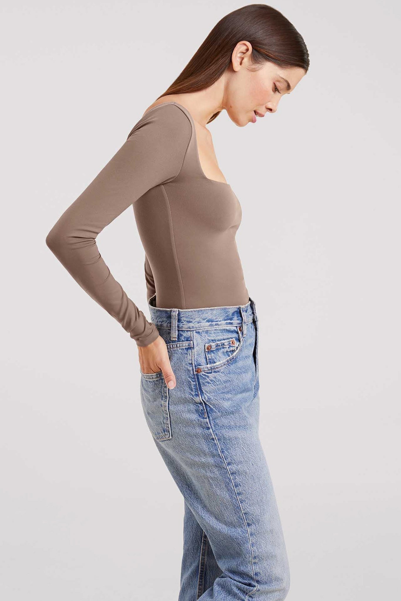 Long Sleeve Wide Square Neck Bodysuit | Mocha